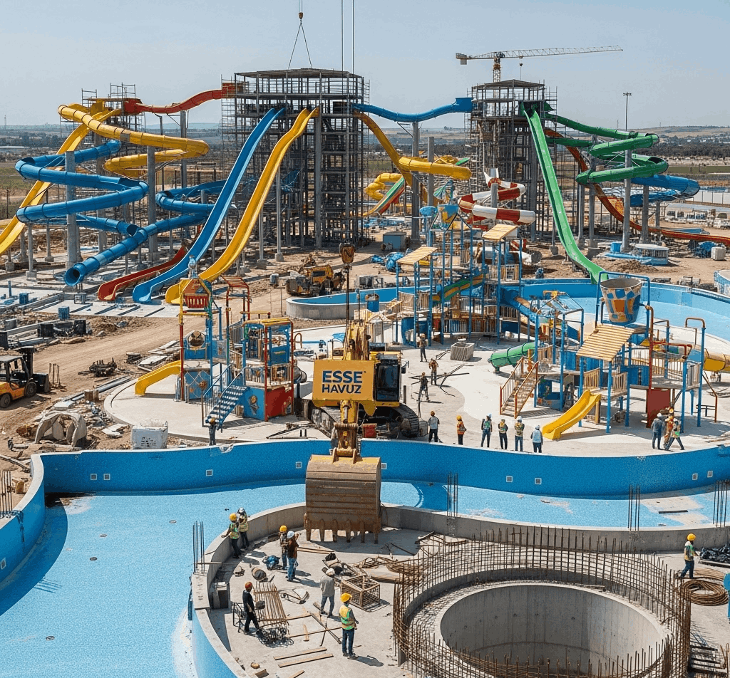Aquapark kurulumu sırasında kullanılan renkli su kaydırakları ve güvenlik bariyerleri – Esse Havuz