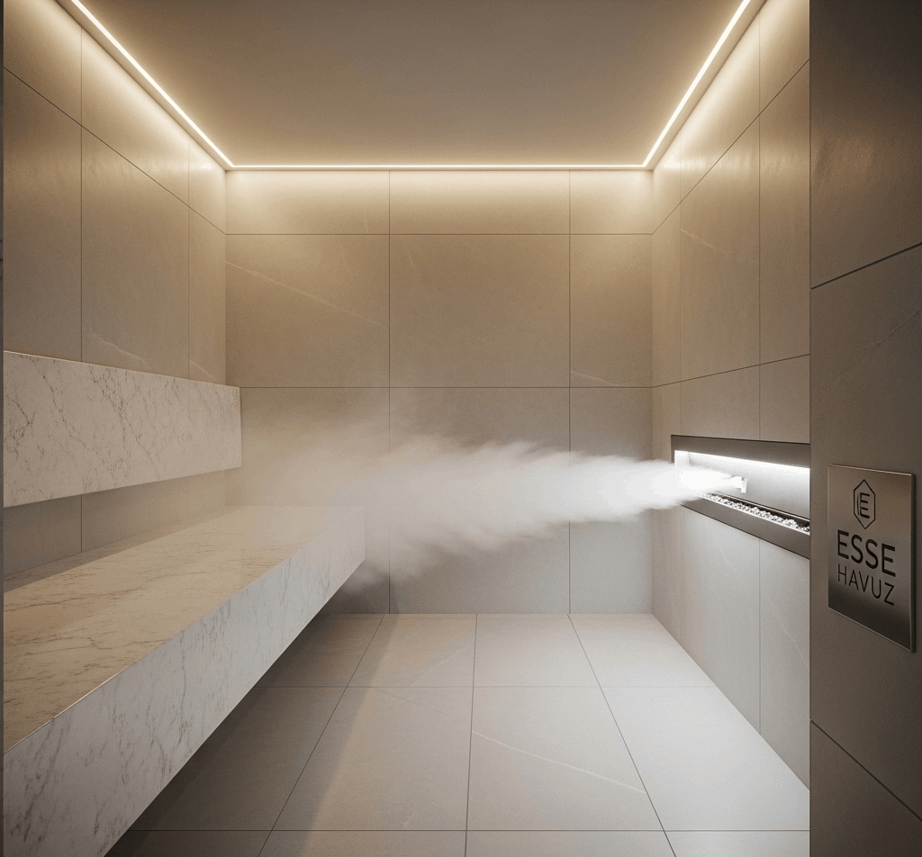 Modern tasarıma sahip bir buhar odası – Esse Havuz projesi