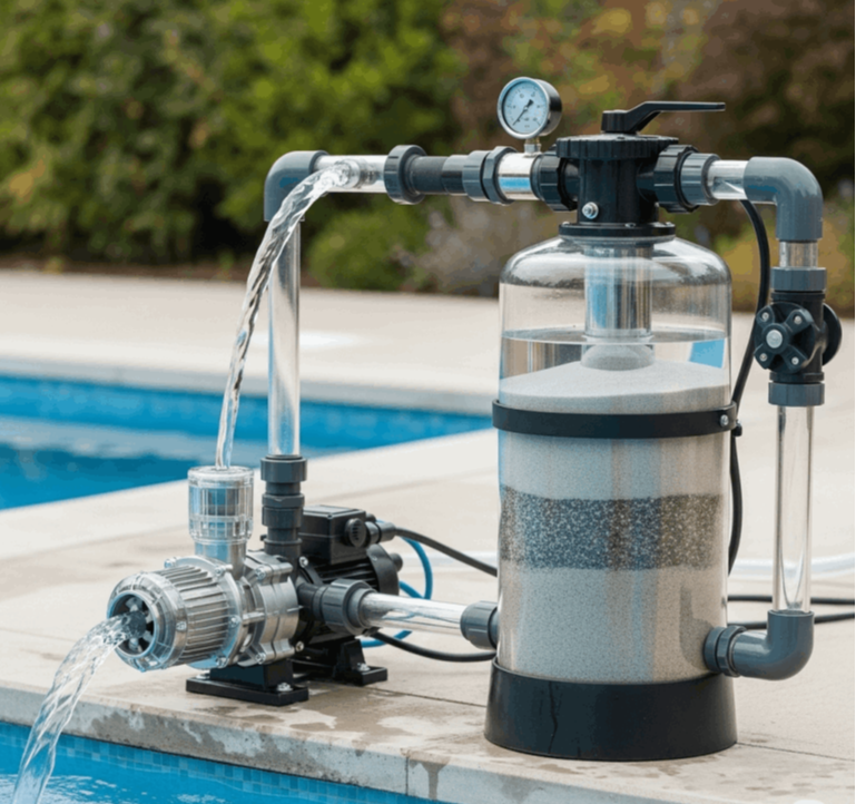 Havuz filtrasyon sistemi kurulumu sırasında uzman ekip çalışması – Esse Havuz