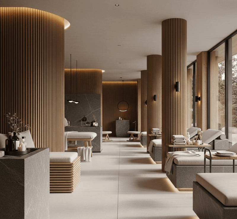 Lüks ve modern tasarımlı, şelale ve su özelliklerine sahip, doğal ışık alan bir spa dinlenme alanı. Esse Havuz tarafından sunulan üst düzey spa çözümlerini yansıtan bir iç mekan.