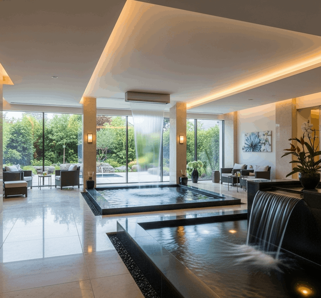 Lüks ve modern tasarımlı, şelale ve su özelliklerine sahip, doğal ışık alan bir spa dinlenme alanı. Esse Havuz tarafından sunulan üst düzey spa çözümlerini yansıtan bir iç mekan.