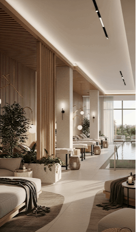 Lüks ve modern tasarımlı, şelale ve su özelliklerine sahip, doğal ışık alan bir spa dinlenme alanı. Esse Havuz tarafından sunulan üst düzey spa çözümlerini yansıtan bir iç mekan.