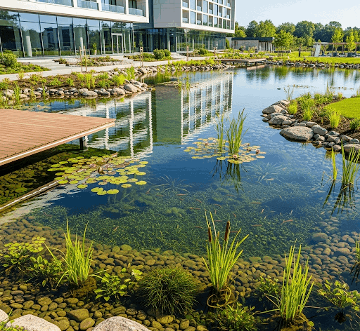 Biyolojik eko gölet, doğal gölet, yüzme göleti, doğal su arıtma, sürdürülebilir havuz, kimyasalsız havuz, biyolojik filtrasyon, su bitkileri, geomembran, doğal peyzaj, gölet tasarımı, eko sistem, biyolojik çeşitlilik, düşük bakım maliyeti, su kalitesi, oksijen üretici bitkiler, besin emici bitkiler, filtre bitkileri, doğal taş, çakıl filtre, su pompası, yüzey sıyırıcı, gölet bakımı, ruhsat.